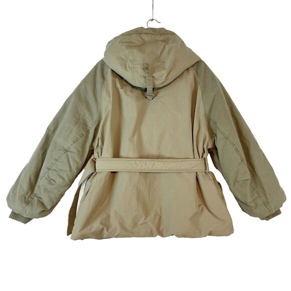 Zara Coat Parka Womens Small Tan Khaki Belted Hooded Zip Up Snaps Flap Pockets - Picture 4 of 7